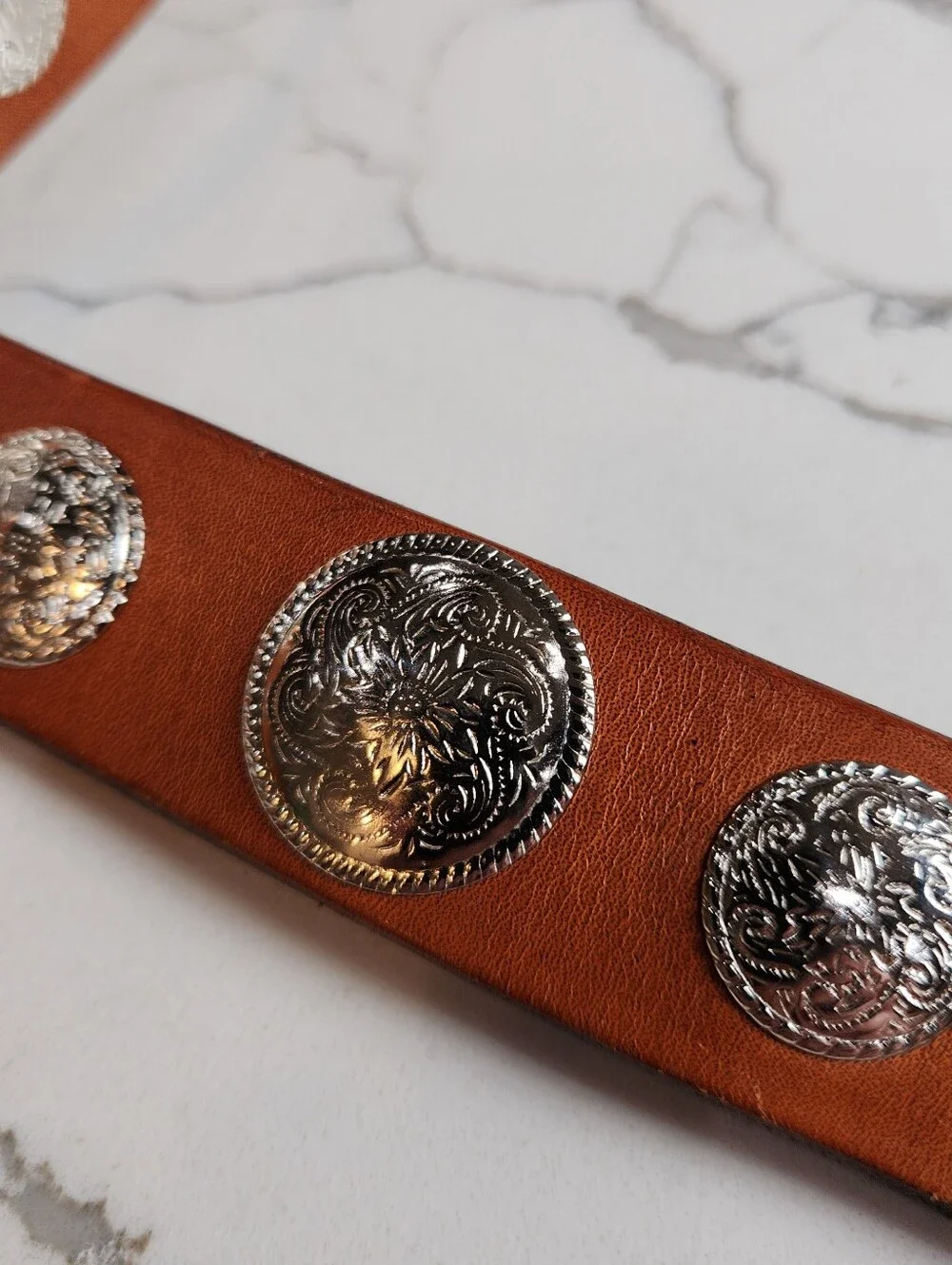 Vintage Size 40 Cuadra Tooled Tan Leather Western Concho Belt